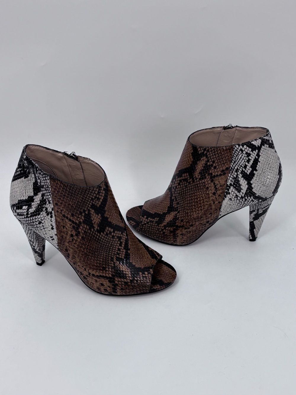 Vince Camuto Brown and White Snake-Print Peep-Toe Ankle Booties